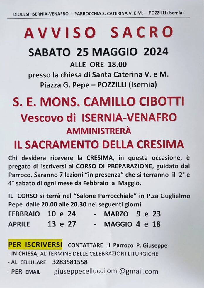 avviso celebrazione cresima a pozzilli