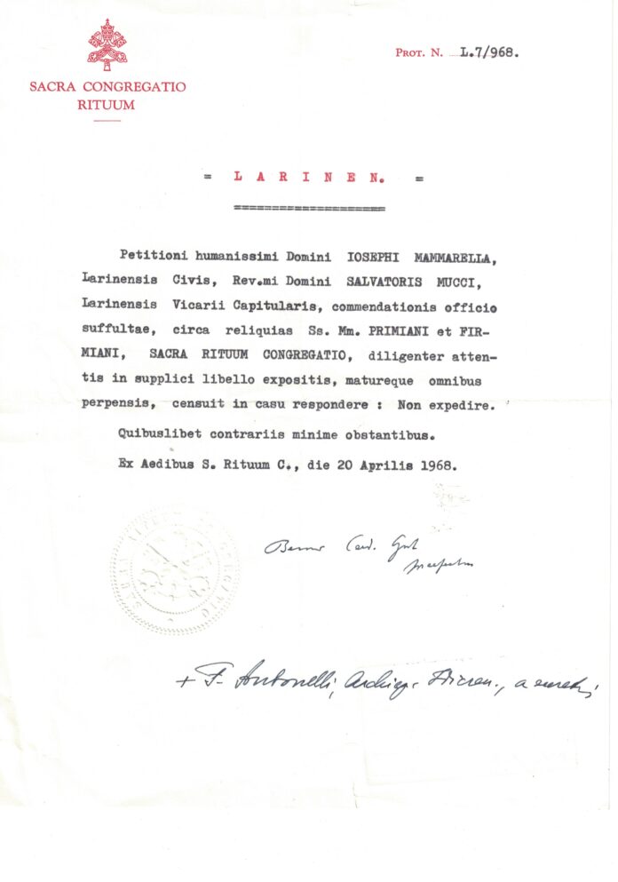 Nota della Sacra Congregazione dei Riti
