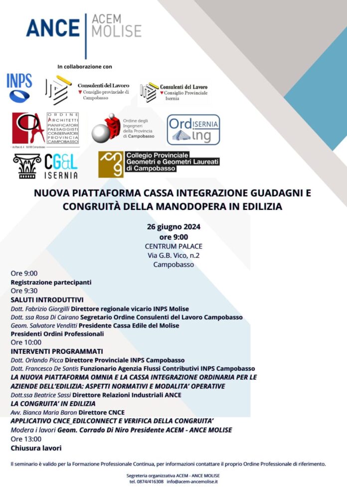Evento ACEM ANCE INPS Odini su CIGO e Congruità 26 giugno