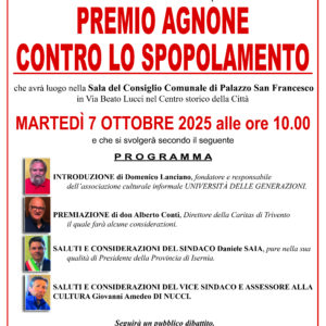 Locandina PREMIO AGNONE CONTRO LO SPOPOLAMENTO – Martedì 07 ottobre 2025 ore 10