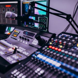Equipment in an empty musical recording room